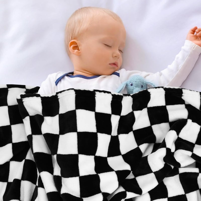 GreatBba Plush Checkered Baby Blanket for Boys Girls Nursery, 30"*40" Warm Short Fleece Blanket Neutral for Infant Newborn, Small Fuzzy for Sleeping, Chenille Baby for Stroller (Black&White) - Image 4